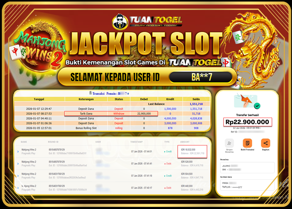 TUANTOGEL JACKPOT SLOT MAHJONG WINS 2 Rp22.900.000,- LUNAS